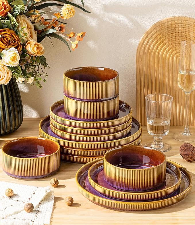 Ceramic Dinnerware Set for 4, 16-Piece Plates and Bowls Set | Lightweight - Image 4