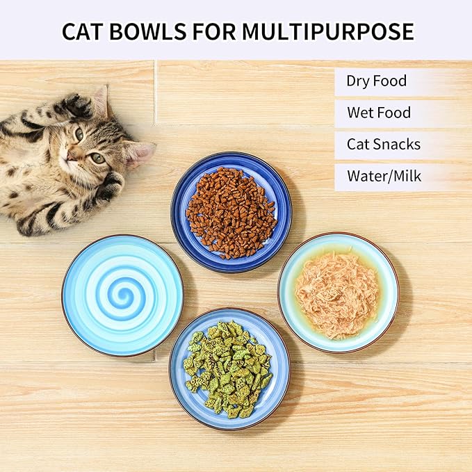 Selamica Ceramic Cat Bowls, 6 Inch Cat Food Bowl Whisker Friendly, Shallow Wide Kitten Plates for Food and Water, Set of 4, Gradient Blue