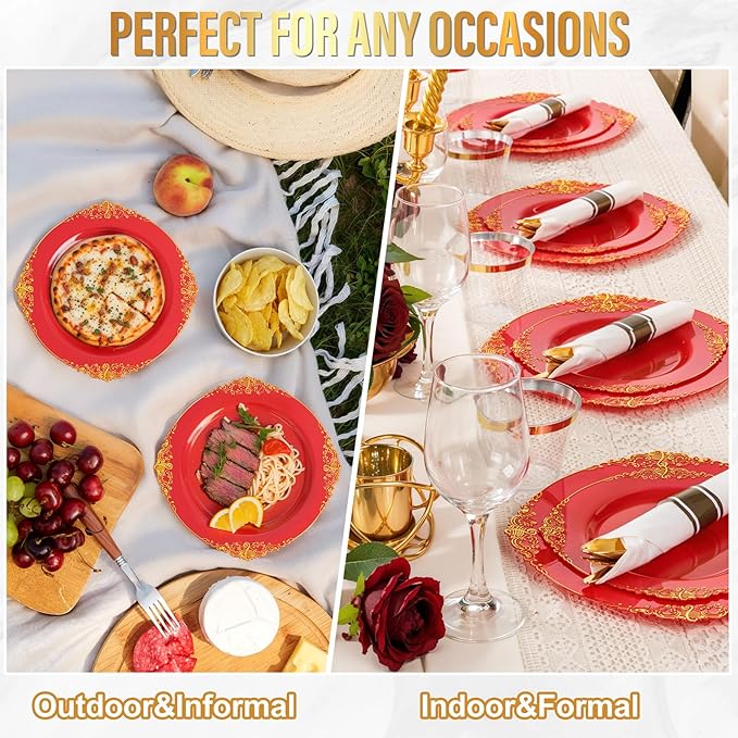 Nervure 100PCS Red and Gold Plastic Plates - 10.25inch Red Disposable Plates - Heavyweight Dinner Plate for Wedding & Party