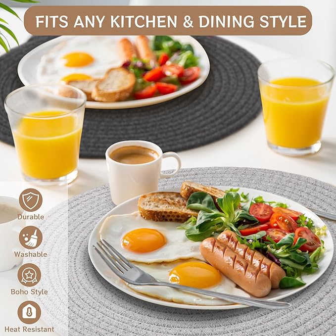 Kochorie Set of 4 Round Woven Cotton Placemats, 13 Inch Boho Table Mats for Kitchen and Dining Table, Farmhouse Heat Resistant Washable Trivets, Fall Thanksgiving Christmas Décor (Mixed Gray)