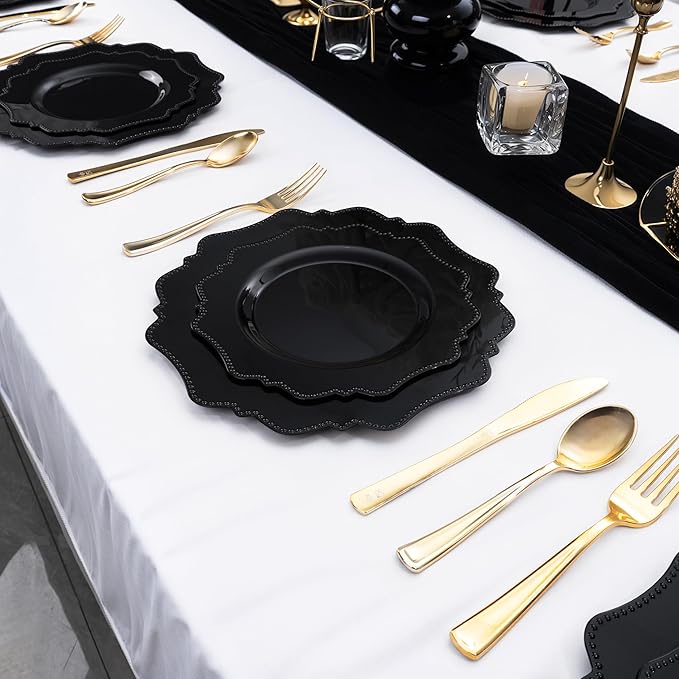 COLOSUS 100pcs Black Plastic Plates - Heavy Duty Black Plastic Plates Disposable for Party/wedding/New Year Include 50pcs Dinner Plates and 50pcs Dessert Plates.
