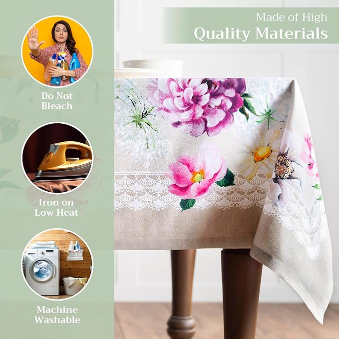 Maison d' Hermine Table Cloth Rectangle Table 100% Cotton 54 x 72 Inches Tablecloth Reusable Decorative for Dining Room Farmhouse Home Valentines Day Decorations Spring Summer - Pivoine