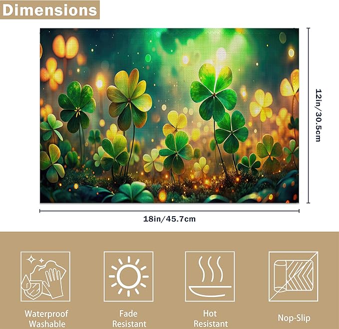St Patrick's Day Green Grass Placemats Set of 6, Linen Washable for Christmas, Thanksgiving, Party, and Daily Dining, Decorative Table Mats for 4-6 Person Table