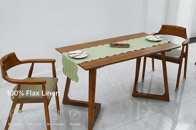 100% Natural Linen Rustic Scalloped Embroidery Table Runner 72 Inches Long - Image 2