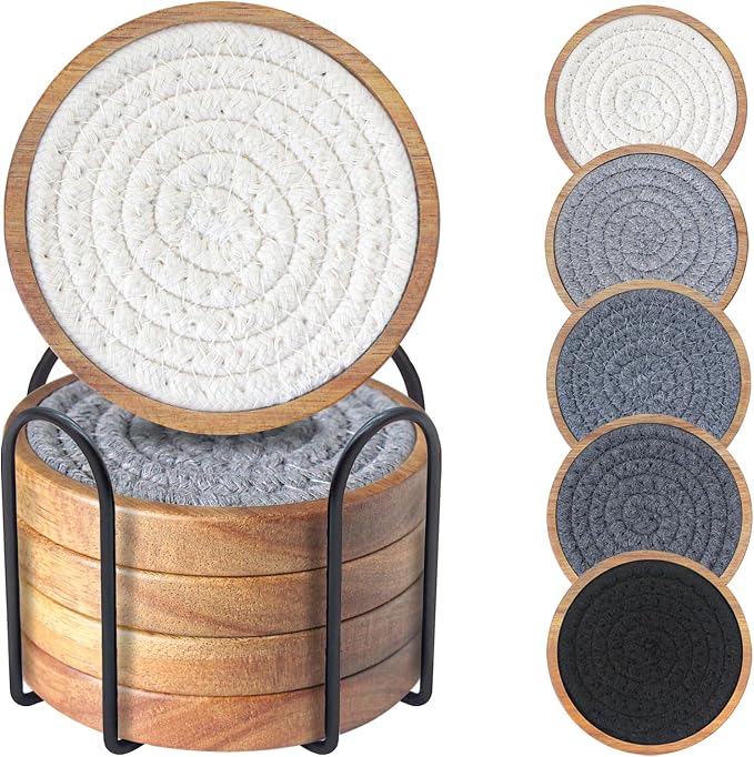 Wood Coasters for Drinks, Eykao Absorbent Coaster Sets of 5, Woven Drink by Eykao