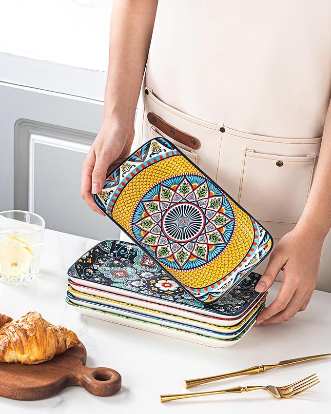 HENXFEN LEAD Boho Ceramic Dinner Plates 10 Inch – Large Rectangular Serving Plates Set of 6 for Salad, Sushi & Main Dishes, Microwave & Dishwasher Safe