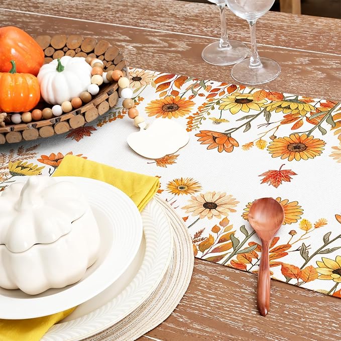 Fall Pumpkins and Sunflowers Table Runner 13x90 Inch, Maple Leaves Farmhouse - Image 7