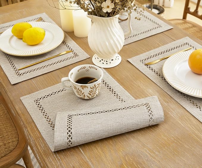 Farmhouse Burlap Place Mats, Coffee Placemats Set of 6, 12 x 18 Inch | Double - Image 4