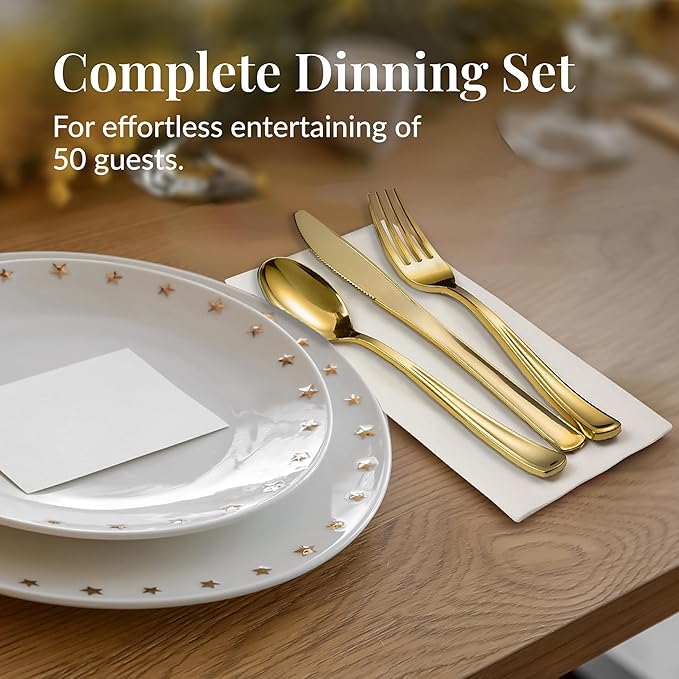 Prestee 200 Piece Gold Plastic Silverware Set for 50 Guests - Premium Pre Rolled Cutlery Set with Napkins - Elegant Disposable Silverware with Forks, Knives, and Spoons for Weddings and Thanksgiving