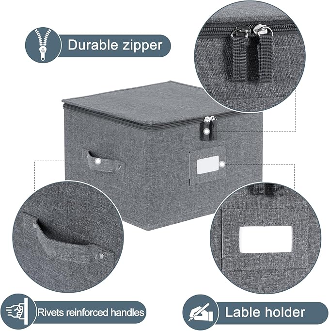 popoly China Storage Containers Inside 12" W x 8" H, Dinnerware Storage Box for Dishes Plate Storage with 24 Felt Dividers, Hold 24 Plates, Hard Shell and Stackable（4PACK