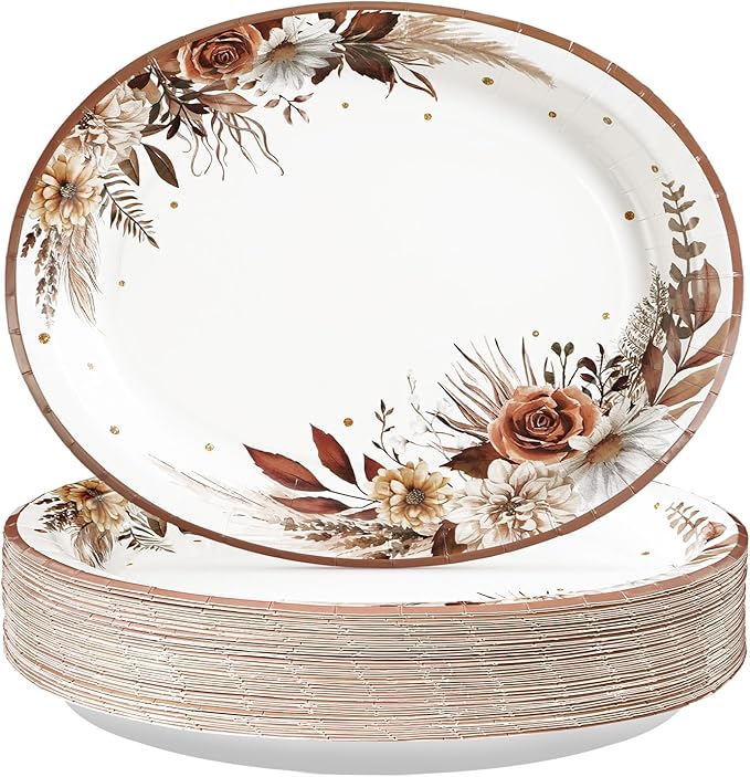 Grencian 50Pcs Fall Boho Floral Oval Paper Plates 10" x 12" Large Disposable Heavy Duty Fall Boho Rustic Dark Flower Tableware Dessert Plates for Autumn Thanksgiving Birthday Wedding Party Supplies