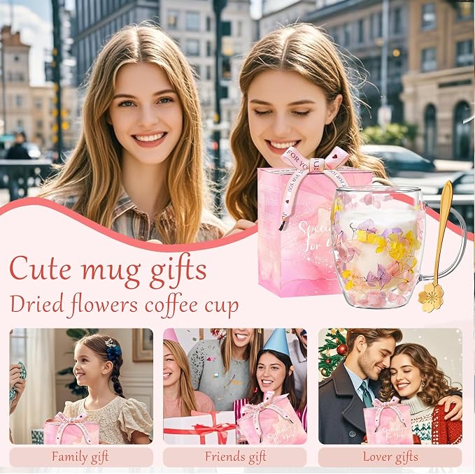 Double Wall Glass Coffee Mugs, Aesthetic Dried Flowers Cups - Image 7