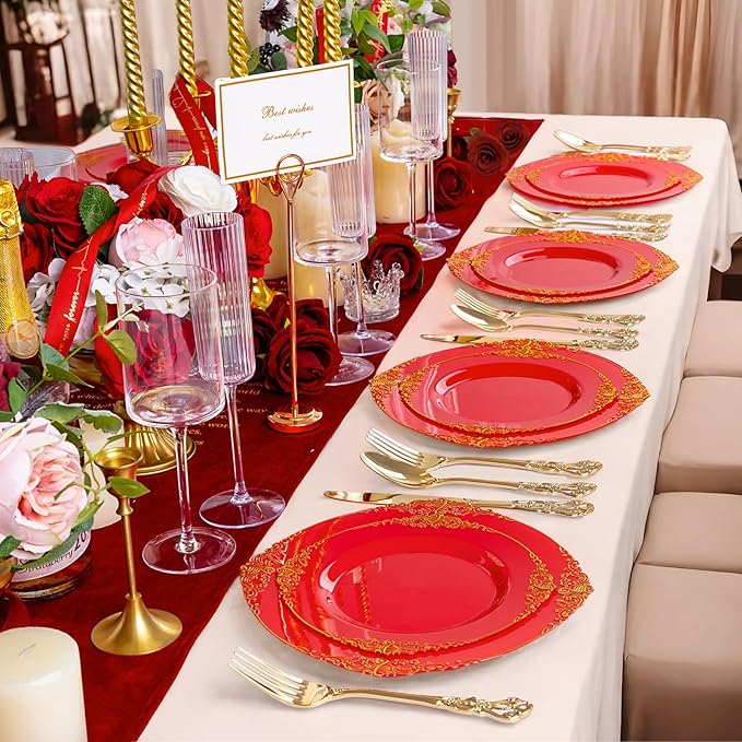 102PCS Red and Gold Plastic Plates - Red Plates Disposable - Vintage Plastic Plate with Gold Rim Include 51PCS Dessert & 51PCS Dinner Plate Perfect for Weddings & Party & Valentine's Day