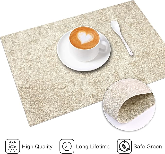 Leather Heat Resistant Placemats Set of 6 Waterproof Wipeable Washable PU Table Mats,Easy to Clean Anti-Slip Place Mats (Beige, 6)