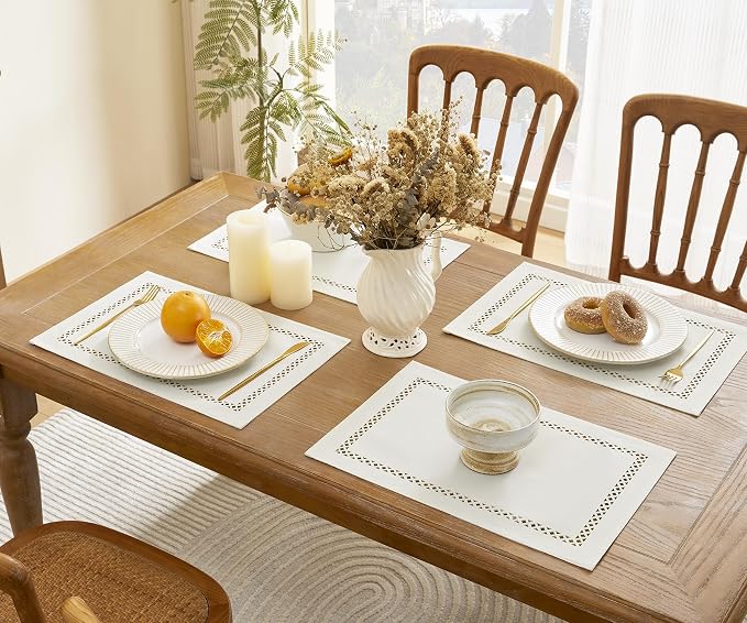 Farmhouse Burlap Hollow Placemats Set of 6, 12 x18 Inch Off White | Double Layer - Image 5