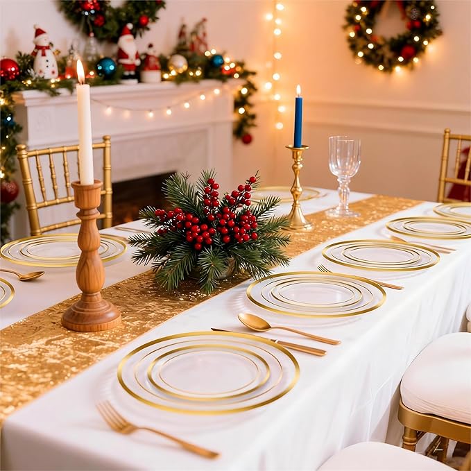 200 PCS Clear Gold Plastic Plates, Gold Rimmed Disposable Party Plates Include 100 Dinner Plate and 100 Dessert Plate Perfect for Party, Holiday, Birthday, Wedding