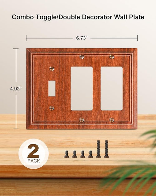 2-Pack Combo Toggle/Double Decorator Outlet Cover Plate, Wood Grain Decorative Switch Plates and Outlet Covers, Durable Natural Bamboo Fiber Wall Plates for Electrical Outlets, Receptacle, GFCI Outlet