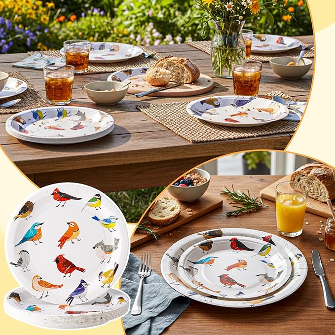 48 Pcs Playful Birds Paper Plates Set Include 9 Inch and 7 Inch Colorful Little Birds Texture Disposable Plates Spring Summer Decorative Party Tableware for Home Table Party Supplies