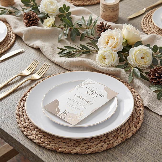 KIRE 200PCS Gold Plastic Plates - Disposable Plates for Party - White Plastic Plates with Gold Rim Include 100 for Dinner and 100 for Dessert/Salad in Wedding/Valentine's Day/New Year
