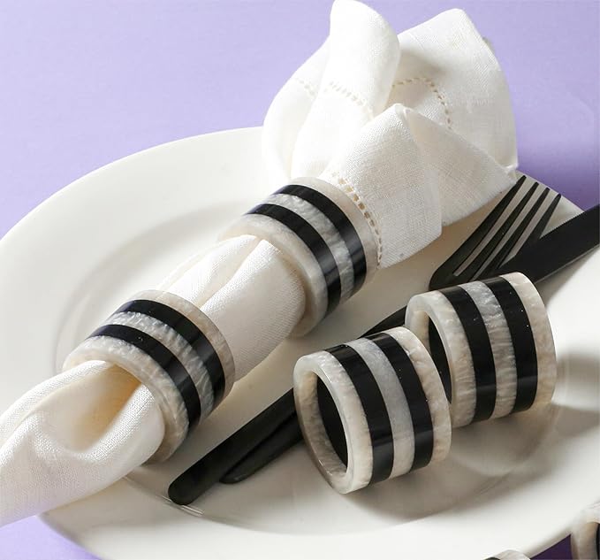 CLEENTABLE Epoxy Resin Napkin Rings - 12-Pcs Handmade Elegant Napkin Holders for Table Décor, Dining, Weddings, Holidays & Special Events - Durable & Lightweight, Easy to Clean (Black White)