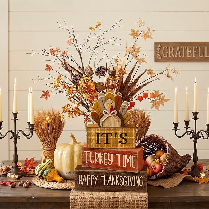Moucuny 4 Pcs Fall Decorations for Home Wooden Turkey Decor Thanksgiving Tiered - Image 6