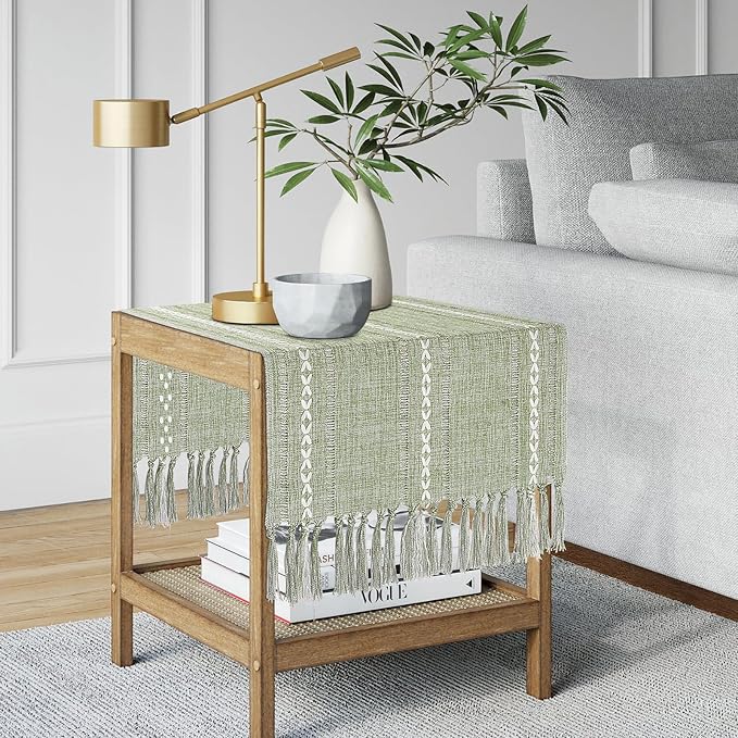 Boho Table Runner Short 15.7 x 36 inch, Spring Sage Green Coffee Table Cover - Image 8
