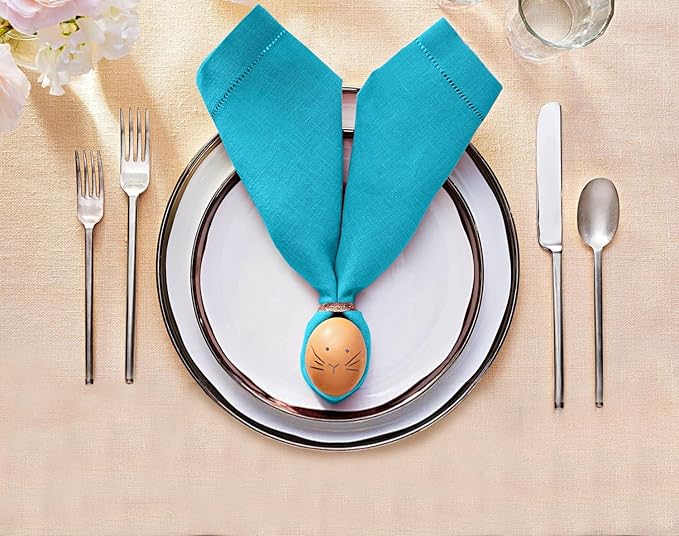 Ruvanti Premium Linen Napkins Set of 4-20x20 Inch, Classic Hemstitch, Mitered Corner Cloth Napkins ‎‎- Soft, Elegant Dinner Napkins Cloth Washable for Weddings, Parties, Everyday Use - Blue