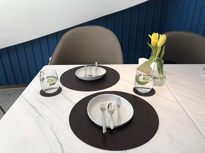 Set of 6 Embossed PU Leather Placemats, Waterproof Coffee Coasters, Kitchen Table Mats, Easy to Wipe Off for Dining Round Table