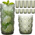 Green Drinking Glasses Set of 12, 12 Oz Highball & 10 Oz Cocktail Glasses by FERAHI