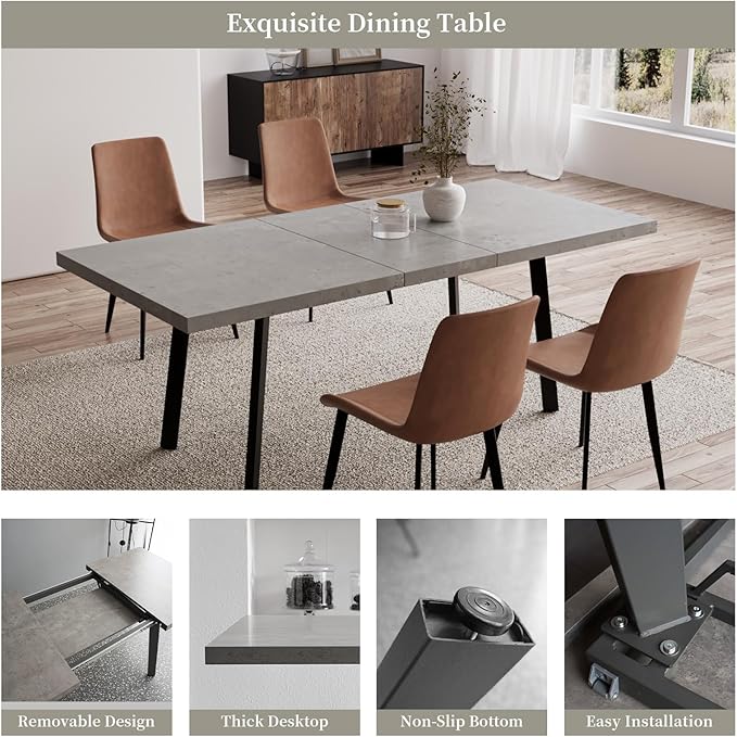 47.2"- 62.9" Extendable Dining Table with 6 Brown Dining Chairs, Modern Kitchen Table Set for 6, Thickened Expandable MDF Wooden Table with Metal Legs for Dining Room, Kitchen, Home