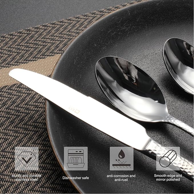 20-Piece Forged Hammered Stainless Steel Flatware Cutlery Set for 4, SXY INOX Shape of Water Drop Includes Dinner Knives/Forks/Spoons,Tea Spoons, Salad Forks, Mirror Polished - Dishwasher Safe