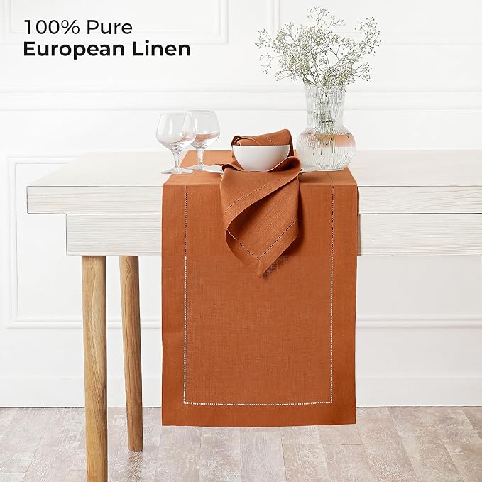 D'Moksha Homes Linen Rust Table Runner 108 Inches Long - 100% Pure Linen 14 x 108 Inch Table Runner for Spring, Easter - Classic Hemstitch