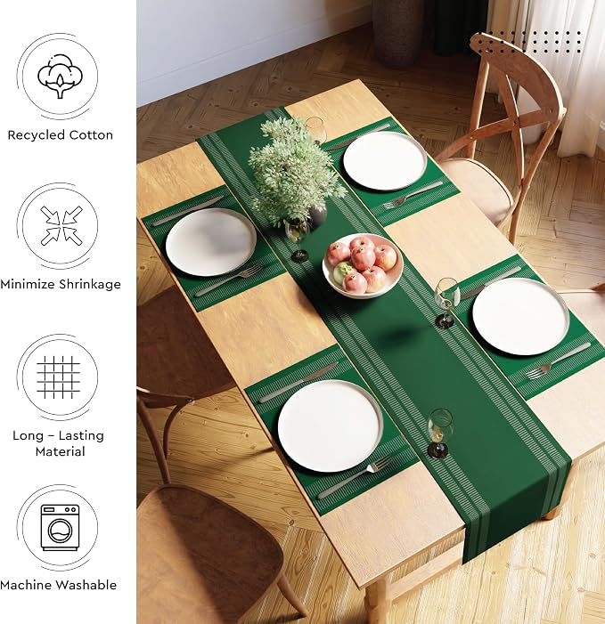 Encasa XO Table Runner, Yarn Dyed Ribbed Cotton 13"x54" | Ladder Dk Green - Image 3