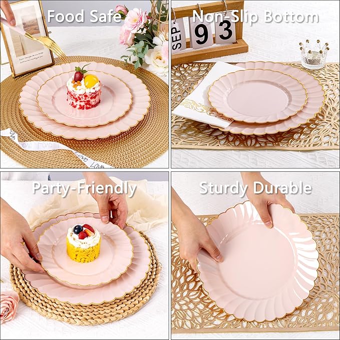 Ciaell 175 PCS Pink Scalloped Plastic Plates with Gold Trim - Pink Plastic Silverware with Handle - Fancy High-End Dinnerware Sets for Wedding & Baby Showers & Party & Valentine's Day