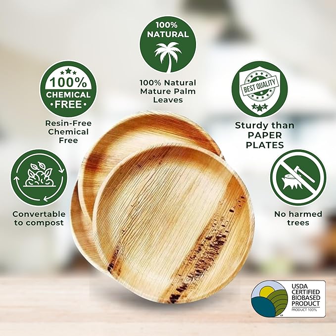Dtocs Palm Leaf Plates 10 Inch Round (50) | Bamboo Plates Disposable Like Compostable Dinnerware Set for Party, Dinner, Serving Platters, Charcuterie Boards | Alternate to Plastic, Wood, Paper Plate