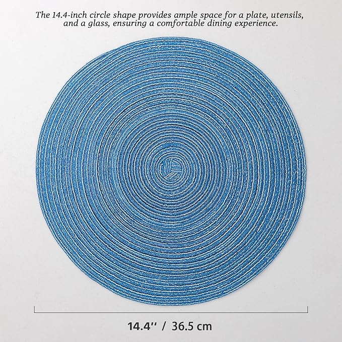 Round Placemats Set of 8 Woven Placemats Washable Braided Table Mats for Dining Table Heat Resistant Non-Slip Circle Place Mats(Mid Blue)