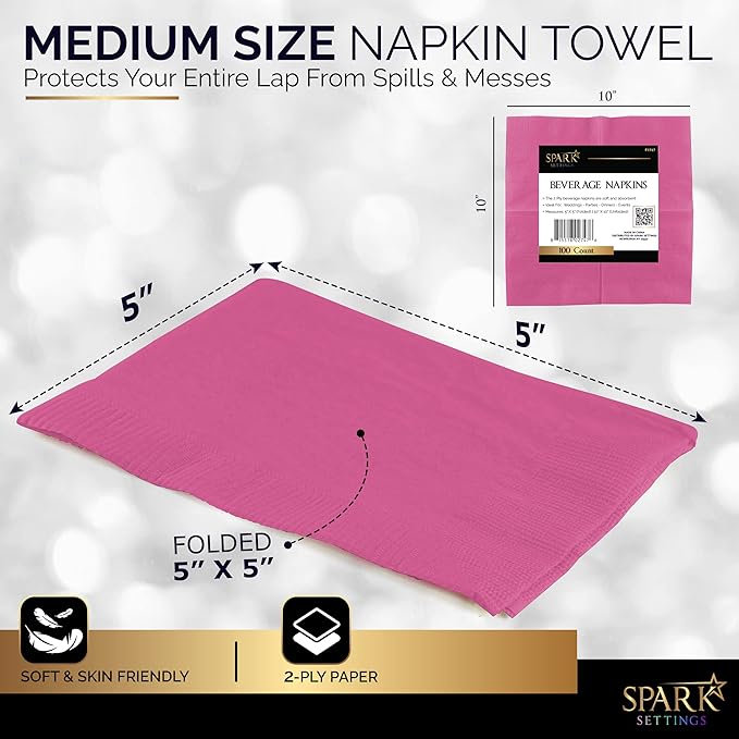 100 Pack Pink Beverage Napkins, Big Party Pack, 2 Ply, Ideal for Wedding, Party, Birthday, Dinner, Lunch, Cocktails. (5” x 5”) by Amcrate