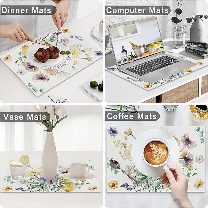 AOFOTO Floral Placemats Set of 4 Watercolor Blue Yellow Flower Green Leaves Printed Place Mats Rectangular Artistic Table Mats for Party Home Kitchen Restaurant Dining Table Decor 12x18 Inch