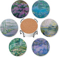 Drink Coasters for Drinks Set of 6,Claude Monet Water Lilies Absorbent Round Ceramic Stone Mat Coaster, with Cork Base and Metal Holder, Home Bar Decor House Warming Gift