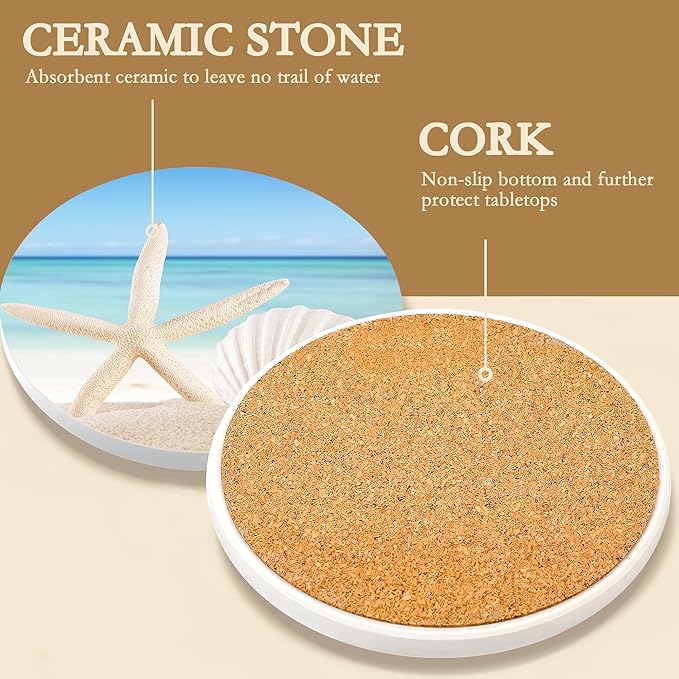 Drink Coasters with Holder,6 Pcs Beach Seaside Design, Water-Absorbent Beverage Pads for Dining Table Decor & Glass Protection
