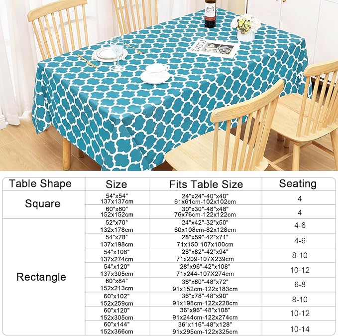 Smiry Rectangle Table Cloth, Waterproof Vinyl Tablecloth with Flannel Backing for Rectangle Tables, Wipeable Spillproof Plastic Tablecloths for Dining, Camping, Indoor and Outdoor (60"x144", Teal)