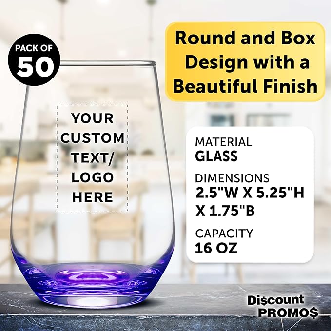 DISCOUNT PROMOS 50 Vaso Silicia Stemless Wine Glasses Set, 16 oz. - Personalized Text, Logo - Clear, Orb-Like, Thick base - Purple