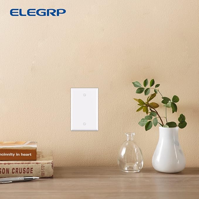 ELEGRP 1-Gang Blank Device Wall Plates, Mid-Size 4.88" H x 3.13" L Unbreakable Thermoplastic Blank Faceplate Cover for Unused Outlets/Switches, UL Listed (1 Pack, Glossy White)