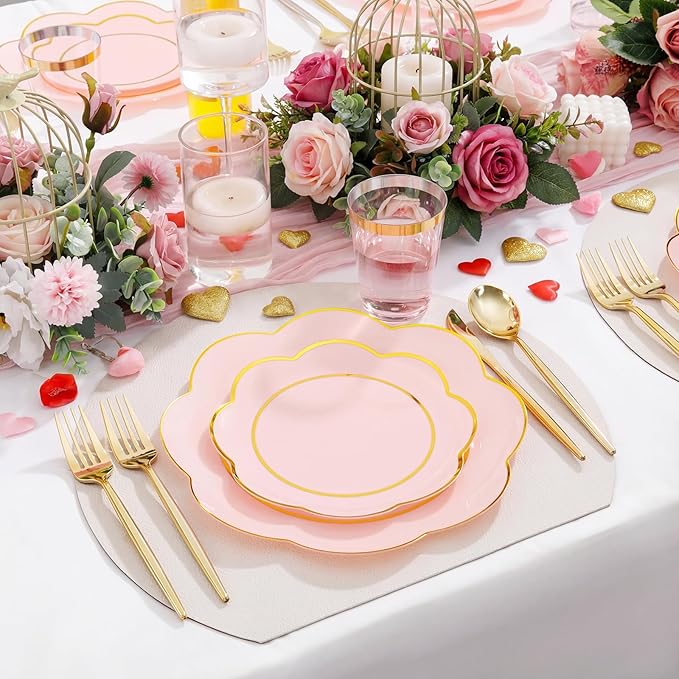 EI 180pcs Pink Plastic Plates with Gold Plastic Silverware,Heavy-Duty Disposable Plates for Party,White Dinnerware Set for 30 Guest Wedding,Birthday,Valentine's Day