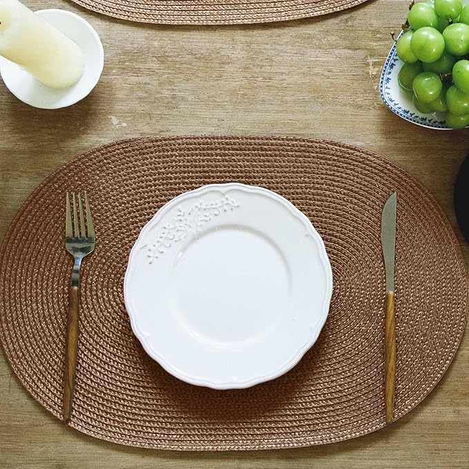 FunWheat Oval Braided Placemats Set of 8 Table Mats for Dining Tables Washable Heat Resistant Place Mats for Indoor Outdoor Use 12 x18 Inch(Oval Light Brown, 8pcs)