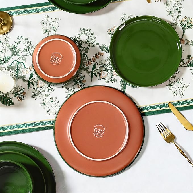 GZG Modern Art Series - 12 Pcs Speckled Stoneware Plates and Bowls Sets, Ceramic Dinnerware Set with Rustic Terracotta Underside, Microwave and Dishwasher Safe Handcrafted Dishes Set - Verdant Green