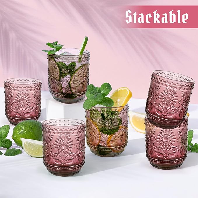 Topsky Vintage Drinking Glass Set of 6,12 oz Embossed Floral Decorative Glassware Set,Glass Cups Wine Glasses Beverages Tumblers Colored Glassware for Whisky,Beer,Juice,Cocktail,Heavy Duty