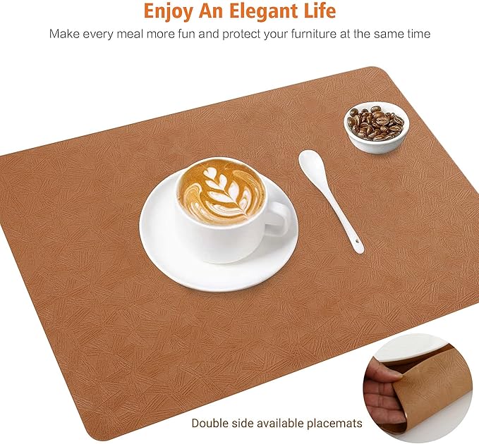 Vinyl Placemats Set of 6 Heat Resistant Easy Clean Non-Slip Place Mats for Dining Table Faux Leather Waterproof Stain Resistant Wipeable Washable PVC Table Mats(6, Light Brown)