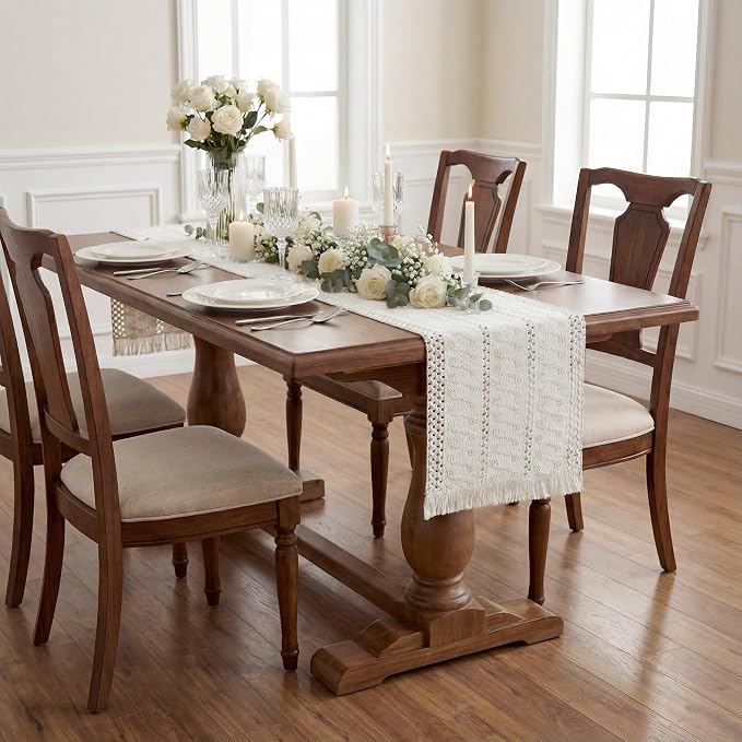 Boho Macrame Table Runner with Tassels 72in White Farmhouse Runner | Macrame - Image 4
