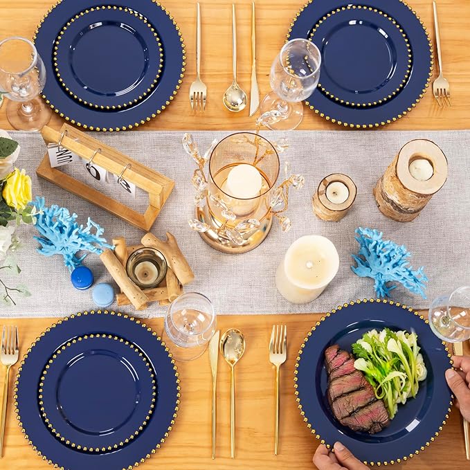 EI 60pcs Dark Blue Plastic Plates with Gold Rim Disposable,Blue Plastic Plates Disposable for Party,Heavy Duty 10" Dinner & 7" Dessert Plate Fancy Elegant Plate for Wedding,Birthday,Afternoon Tea